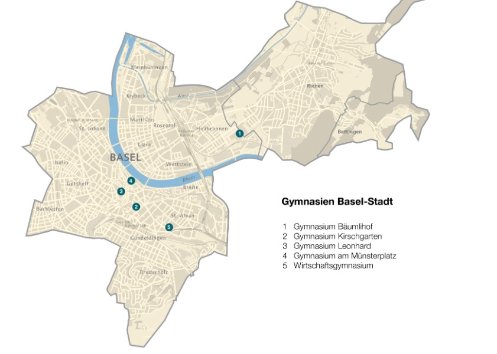 Lageplan der Standorte der Gymnasien in Basel-Stadt